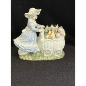 Fine Porcelain Country Lady Pushing Fruit Wagon Cart Figurine Girl Rare